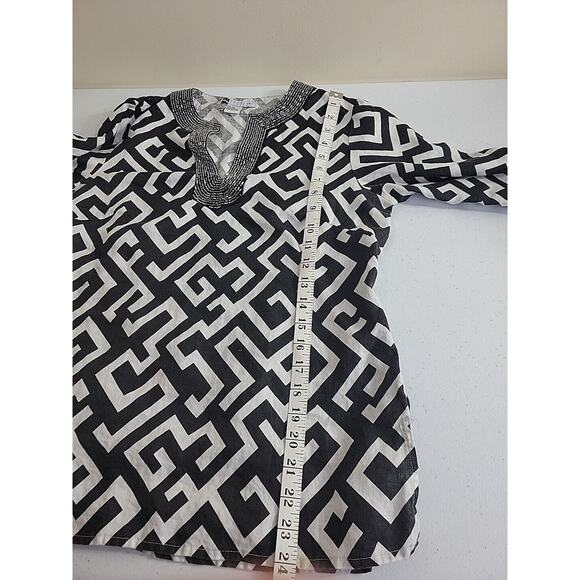 Carole Little Black Embellished Split Neck Linen 3/4 Sleeve Top Womens Sz Medium - Picture 5 of 10